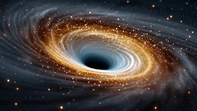 Cosmic black hole with swirling gas and luminous stars, showcasing the gravitational pull and dynamic motion of celestial bodies in a vast universe, emphasizing the beauty of space phenomena
