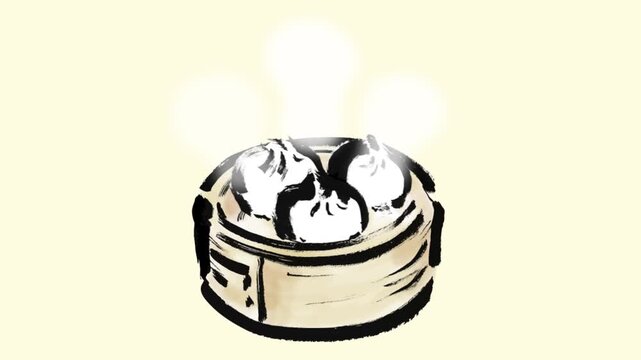 蒸篭の蓋を開けて肉まんが出てくる筆タッチの動画アニメーション