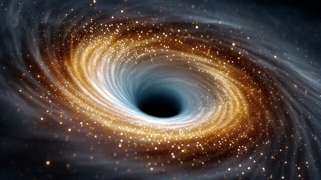 Cosmic black hole with swirling golden and blue gas clouds, showcasing the gravitational pull and dynamic motion of stars and particles in a vast universe setting
