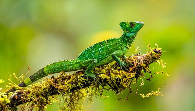 Green basilisk lizard rests on mossy branch, vibrant rainforest foliage blurs in the background