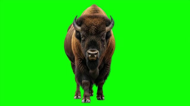 Realistic American Bison Walking on Green Screen Background, 3D Buffalo Animal Animation for VFX Art