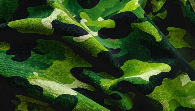 Green, black, and cream abstract shapes form a swirling camouflage pattern on textured fabric with subtle shadows