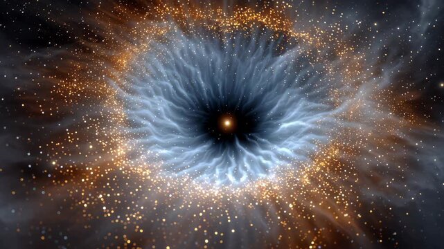 Cosmic vortex with swirling blue and orange gases, surrounded by shimmering stars, creating a mesmerizing visual effect of a galactic phenomenon in deep space