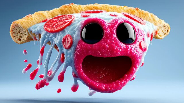 Cartoon-style pizza slice character with vibrant colors and expressive face, melting cheese and sauce dripping, showcasing playful design elements in a whimsical setting