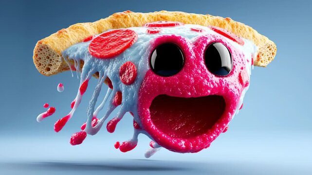 Cartoon-style pizza slice character with melting cheese and vibrant toppings, displaying a joyful expression while floating against a smooth blue background in a whimsical, animated style