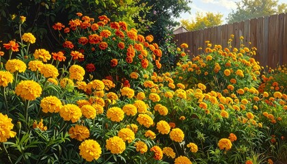 Garden Scene with Marigolds and Trees
