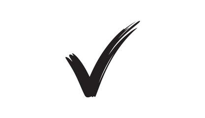 Bold black check mark brushstroke icon, hand drawn approval symbol, artistic tick sign for completion, correct choice vector