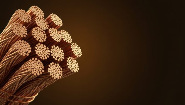 Close-up of stranded copper wire bundles for industrial electricity and conductivity