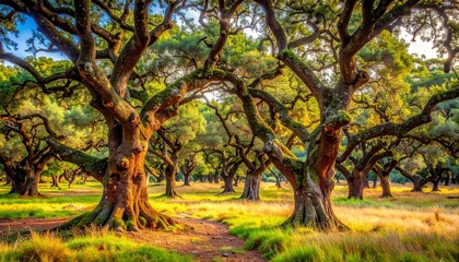 Fototapeta premium Majestic Oak Trees in a Serene Forest Landscape