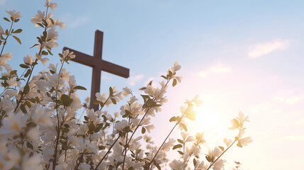 Cross Amidst Blooming Light Easter Holidays Banner with copy space