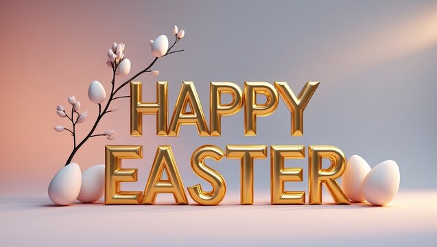 Elegant 3D Gold Happy Easter Typography with Minimalist Decor on Sunset Background
