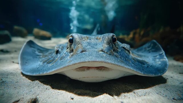 Stingray swimming near the ocean floor in a dark aquarium environment during a daytime visit