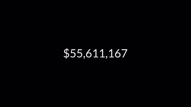 Dollar counting animation from zero to one billion on a black background, 0 to 100,000,000 dollar money counter animation with alpha channel in 4k.