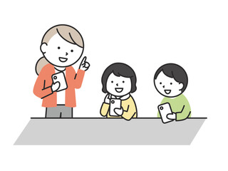 スマホの使い方を学ぶ子供たち　ITリテラシー学習とデジタル教育のイメージイラスト
