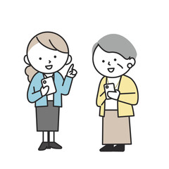 シニアの女性にスマホ操作を説明する若い女性　デジタルサポートをする日本人のイラスト