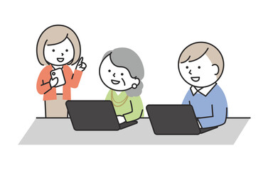 多世代でスマホやパソコンを使って学びあうイメージ　デジタルデバイス学習をする日本人のシニアと若者