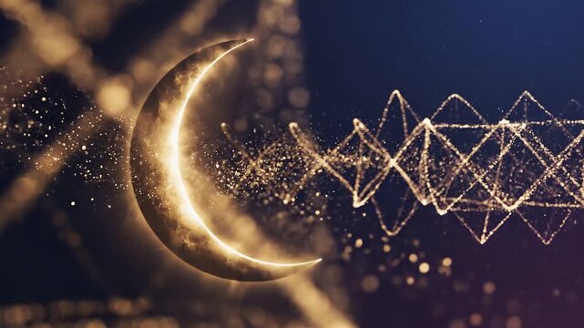 Glowing golden moon shape emits sparkling light particles and geometric patterns in a deep dark space background.