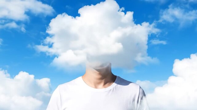 Person with cloud head against a blue sky, conveying dreamlike thoughts
