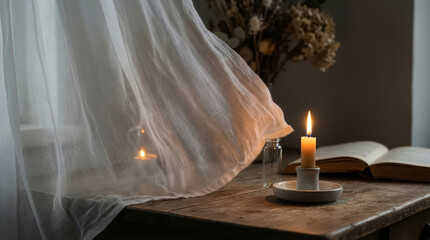 Candle burns on table next to open book and small glass vase. Soft light filters through sheer curtain. Concept of home decor, relaxation, cozy living space