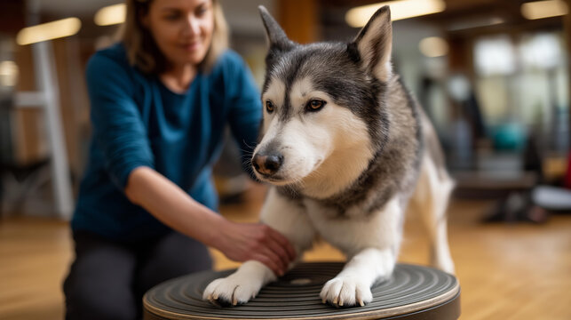Elderly husky balancing on round platform, faceless trainer gently guiding with hands, defocused bright rehabilitation gym, wooden floor, fitness and canine care, with copy space