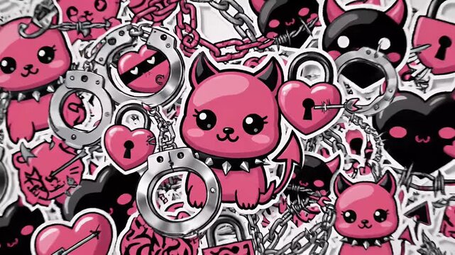 Cute Pink Devil Cat with Hearts and Chains Loop Footage