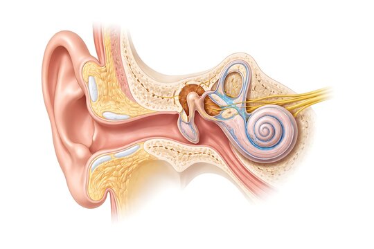 Detailed Cross-Section Illustration of Human Ear Anatomy Showing Outer, Middle, and Inner Ear Structures