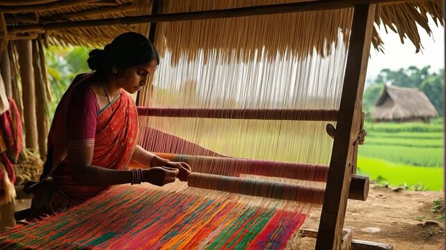 Indian woman weaving colorful fabric on traditional handloom
