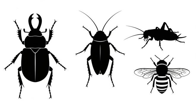 Set of  insect silhouettes illustrations including beetle, cockroach, cricket, and bee, isolated black animals on white background for pest control design.