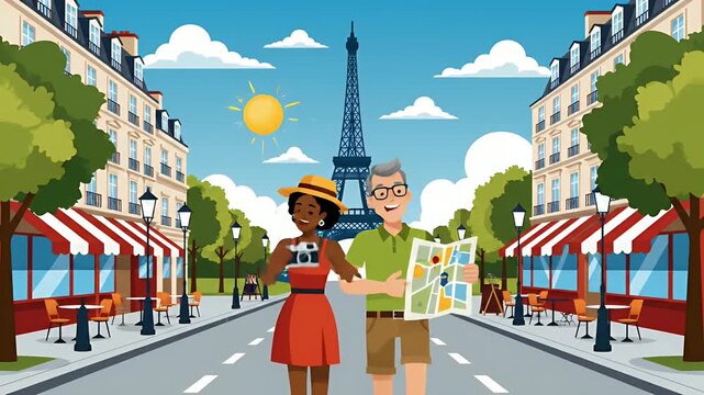 Couple Travel Planning Vacation Trip Paris Eiffel Tower Animation Footage