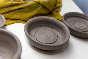 Raw clay bowls drying on a workbench in a pottery studio. Close-up of handmade ceramic plates during the production process.
