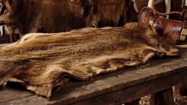 Animal Hide on Wooden Table in Workshop.