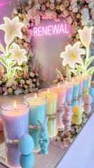 Colorful candles burn brightly on mirror reflecting vibrant floral arrangement and neon sign saying renewal. Setting is festive and cheerful, ideal for celebrations and events