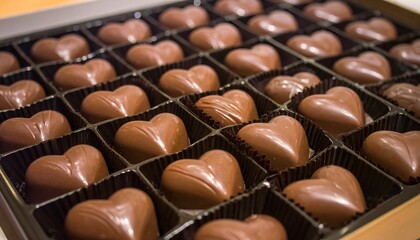 Obraz premium Heart-shaped chocolate candies neatly arranged in a box, awaiting consumption, possibly for a gift or dessert