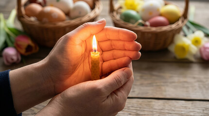Hands hold candle in focus with warm glow illuminating scene. Decorative Easter eggs in baskets nearby. Setting includes wooden table with flowers. Concept of celebration, holiday, family time