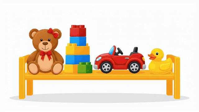Cute Teddy Bear Toy Car Blocks Rubber Duck on Shelf
