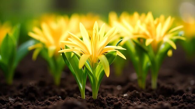 Garden spring planting vegetables herbs, fresh soil tilled prepared, seedlings growing green shoots, agricultural cultivation beginning season