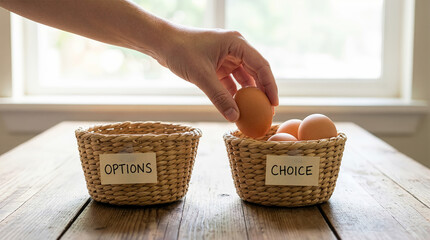 Hand picks egg from options basket and places it in choice basket on wooden table. Light comes through window creating simple setting. Concept of decision making, food service, everyday life