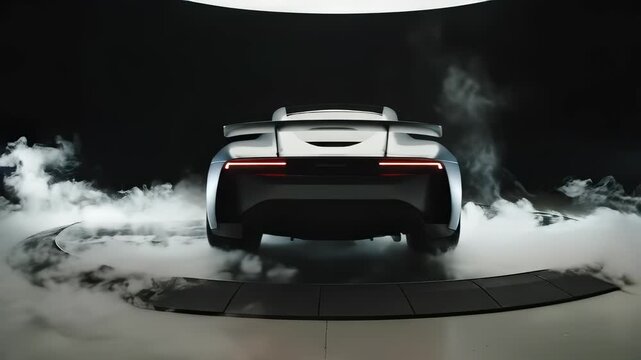 Futuristic Silver Sports Car in Smoke.