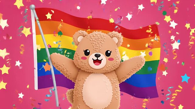 Cute Teddy Bear Waving Rainbow Flag Confetti Celebration Pride