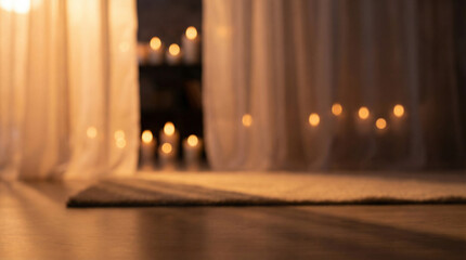 Soft light fills room with candles glowing in the background. Sheer curtains hang beside a warm rug on polished floor. Concept of home decor, relaxation, wellness