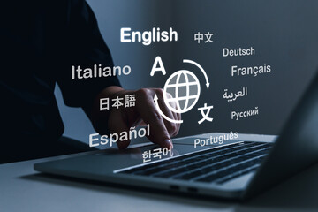 Naklejka na ściany i meble Translator App. people working with virtual translation application software on laptop computer, e-learning, AI language service, language education course, global communication technology concept