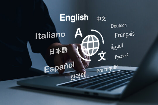 Translator App. people working with virtual translation application software on laptop computer, e-learning, AI language service, language education course, global communication technology concept