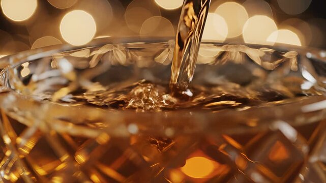 Whiskey Pouring into a Crystal Glass with Bokeh Background.