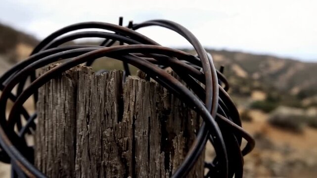 Barbed Wire Wrapped Around Wooden Post.