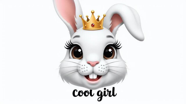 Cute White Bunny Princess Crown Illustration "Cool Girl" Text Isolated