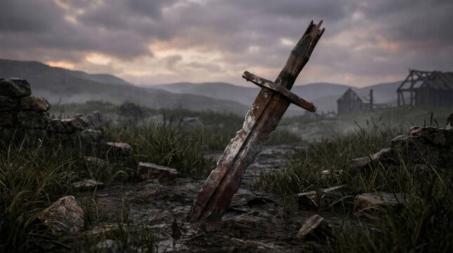 Ancient Rusted Broadsword Stuck in Earthy Ground