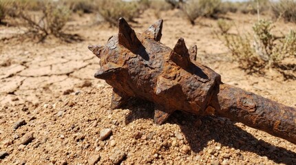 Fototapeta premium Ancient Rusty Spiked Iron Mace Head in Desert Ground