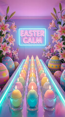 Colorful eggs placed in glasses with candles in front of neon Easter sign. Bright flowers surround the display in a festive room. Concept of holiday decorations, event planning, celebration