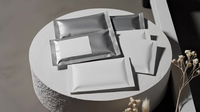 Minimalist product packaging on a white round table, top view.