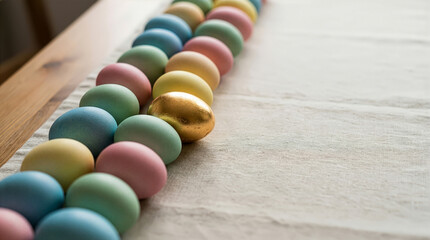 Colored eggs are arranged in a line on wooden table. Golden egg stands out among pastel eggs. Setting is bright and festive. Concept of Easter decorations, craft ideas, holiday celebrations